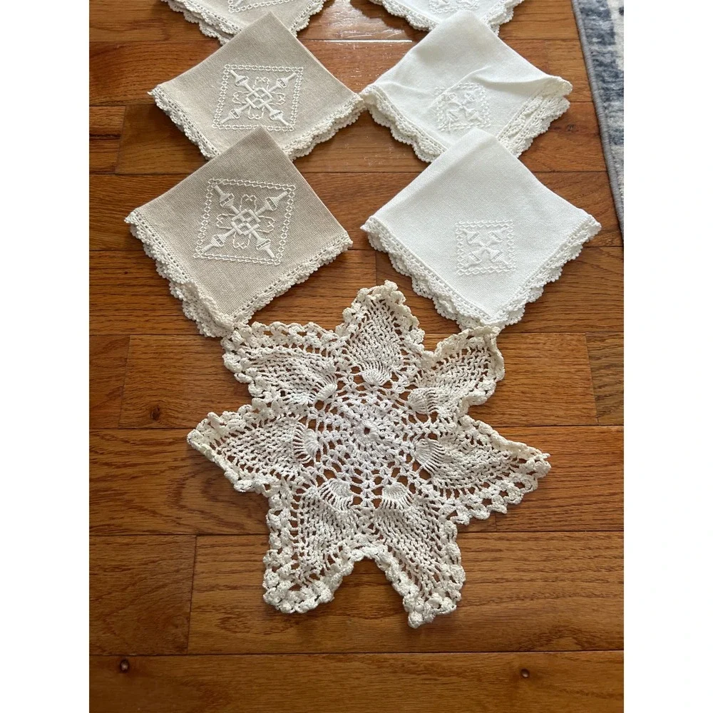 Vintage Lace Linens Lot Embroidered Napkins Crochet Doilies Floral Table Runner